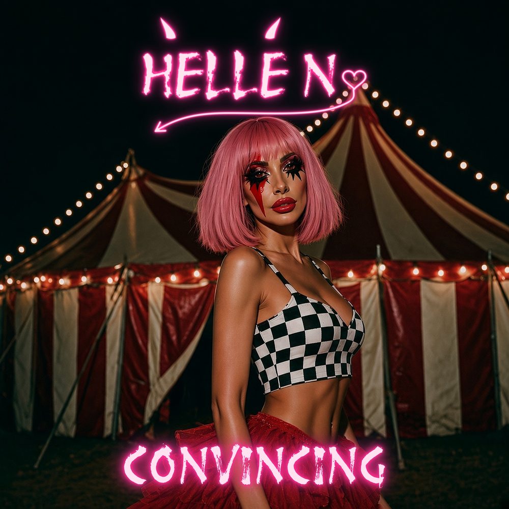 Convincing single cover: HELLE N. in a pink bob and clown makeup in front of a red and white circus tent at night, neon HELLE N. logo and the word Convincing